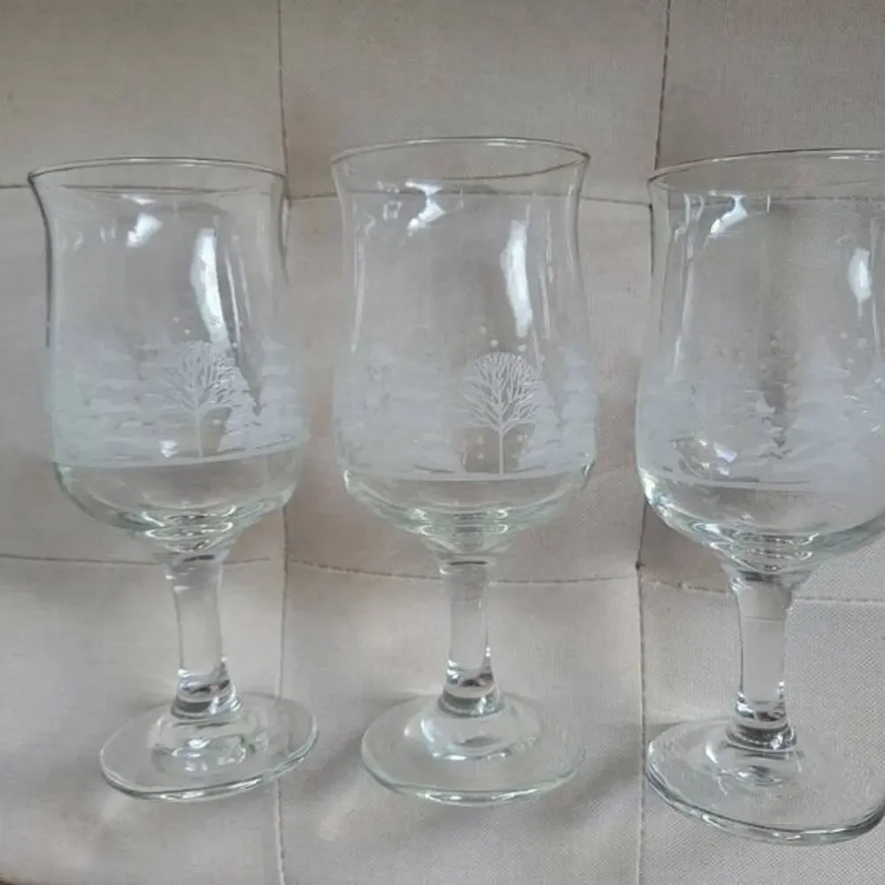 Vintage Christmas Wine Glasses‎ Winter Wonderland Frosted Tulip Hand Blown Set 3